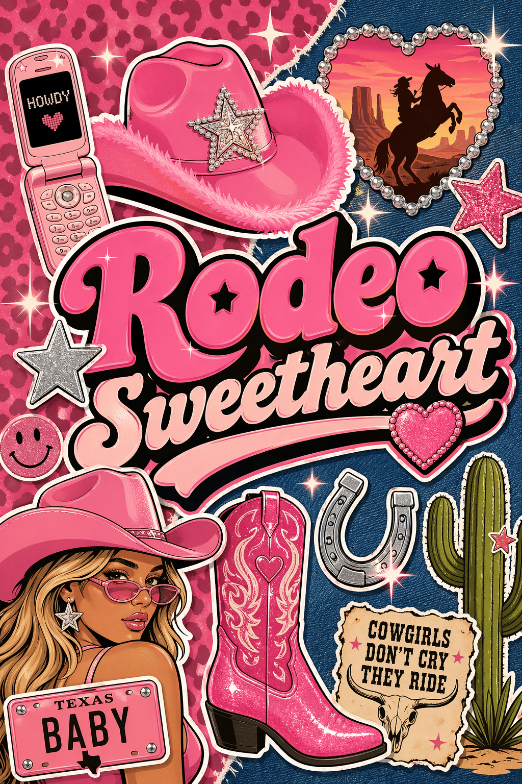 Яркий коллаж Rodeo Sweetheart с розовыми ковбойскими аксессуарами