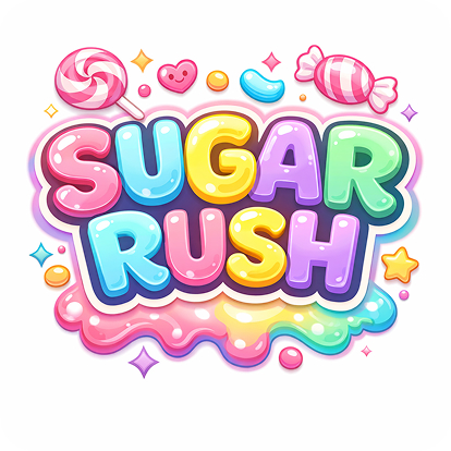 Яркий логотип Sugar Rush с конфетами и объёмными буквами